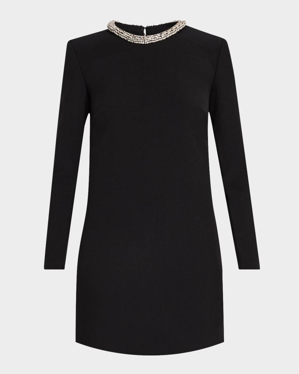 Embellished Long Sleeve Crepe Mini Dress